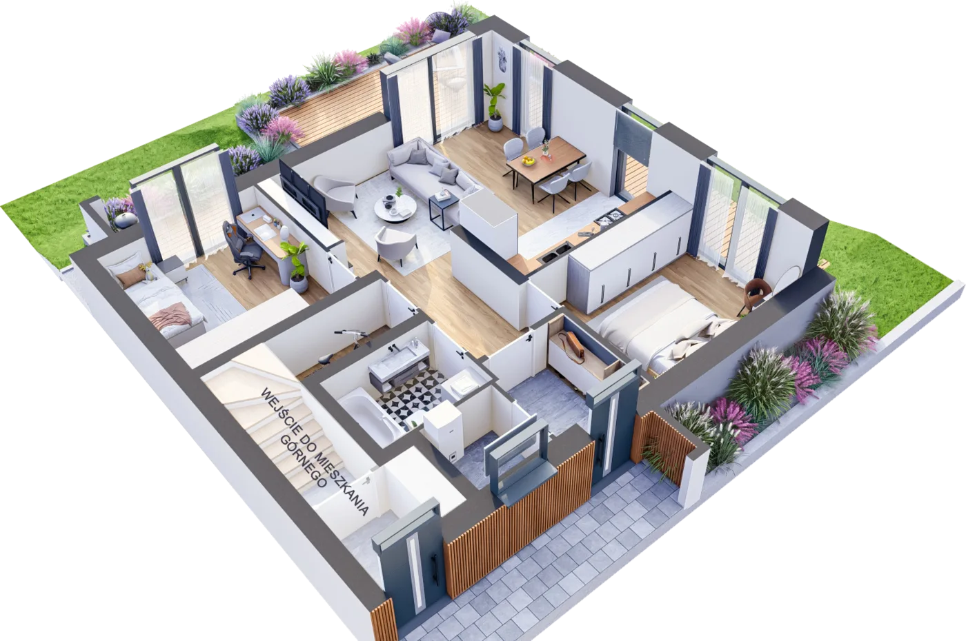 Widok 3D apartamentu parterowego