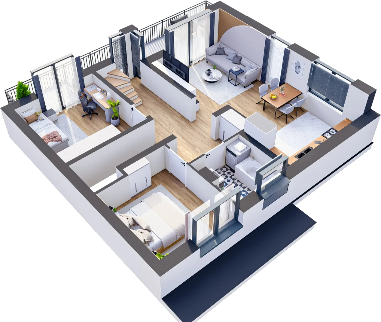 Widok 3D piętra apartamentu dwupoziomowego