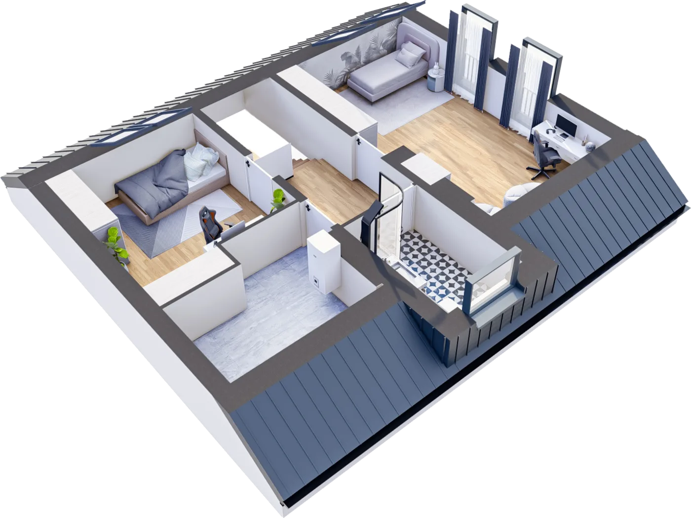 Widok 3D poddasza apartamentu dwupoziomowego